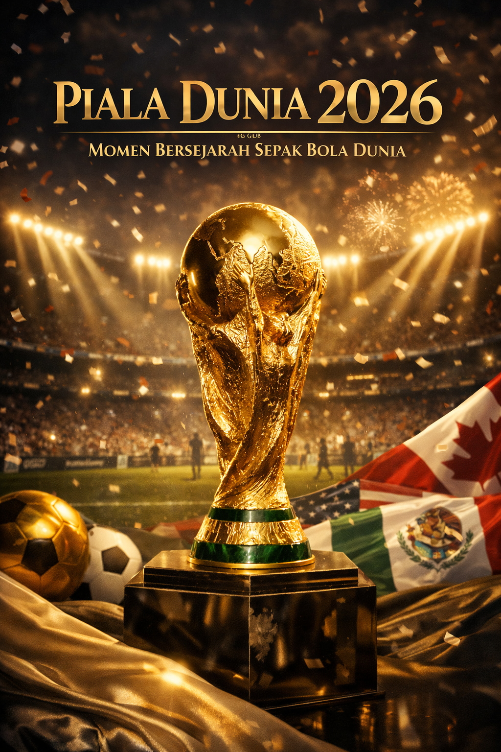 Piala Dunia 2026 dengan trofi emas berdiri megah di tengah stadion penuh cahaya