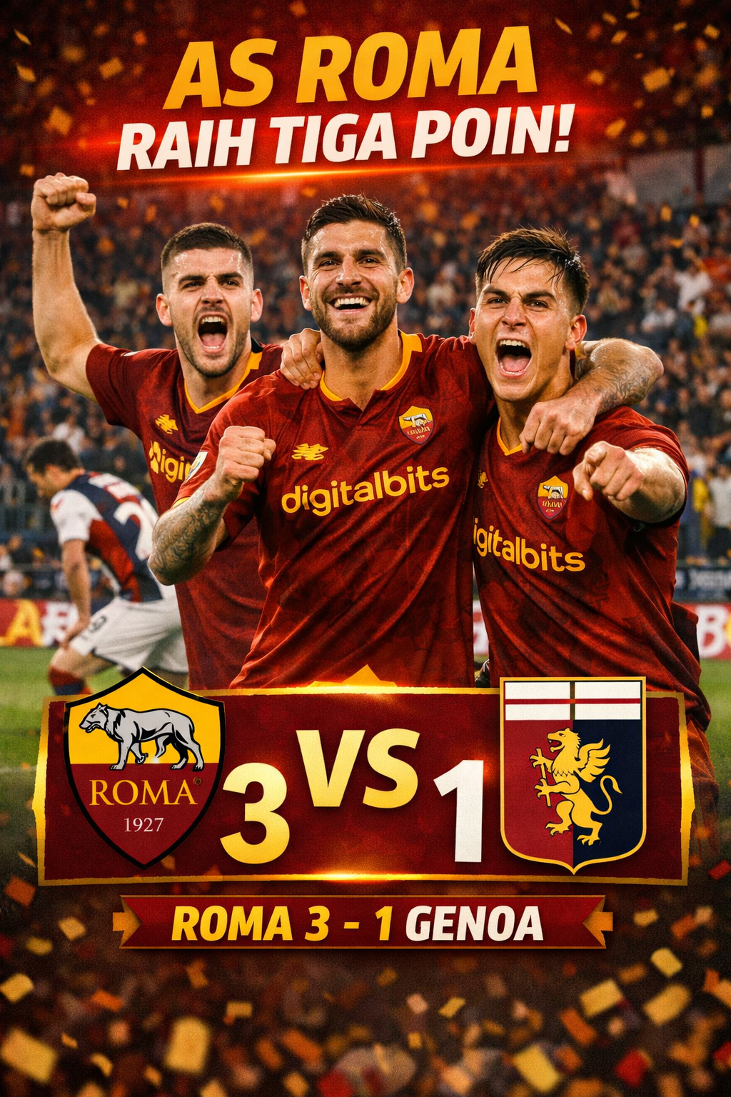 AS Roma Raih Tiga Poin Usai Menang 3–1 atas Genoa