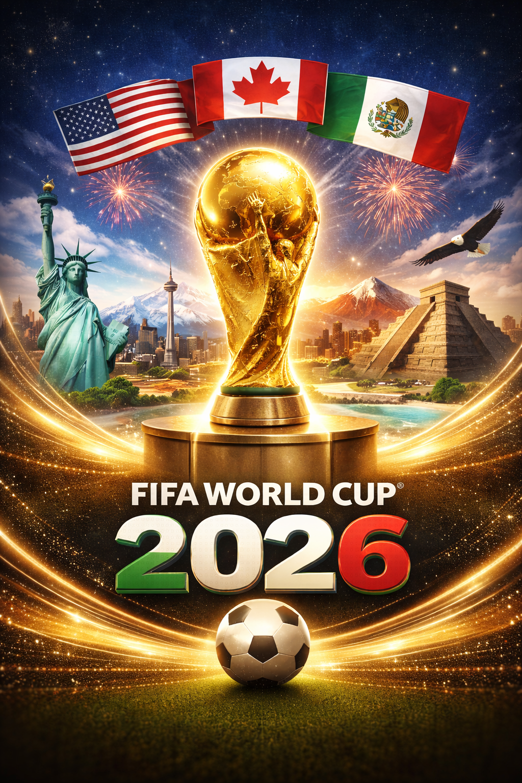 Rute menuju final Piala Dunia 2026 dengan ilustrasi trofi dan bendera negara peserta.