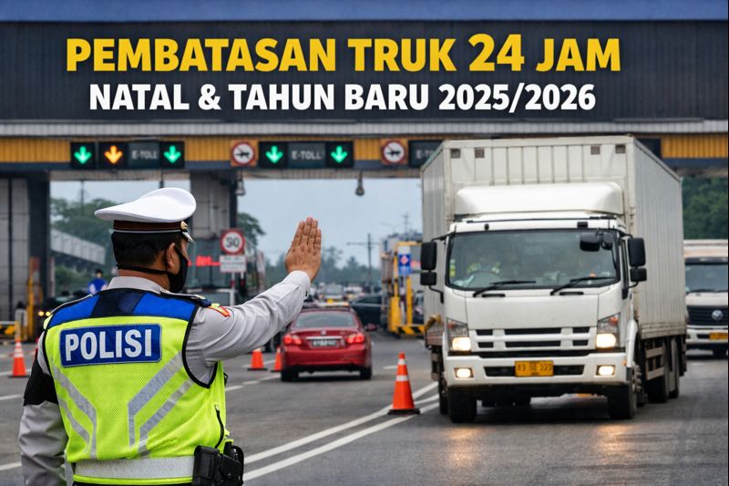 Petugas polisi mengatur arus lalu lintas di pintu tol saat pembatasan truk 24 jam Natal dan Tahun Baru 2025/2026.