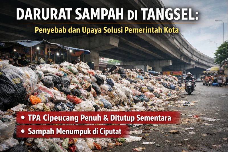 Tumpukan sampah di trotoar dan bahu jalan Pasar Ciputat Tangerang Selatan dengan bau menyengat dan lingkungan kumuh.