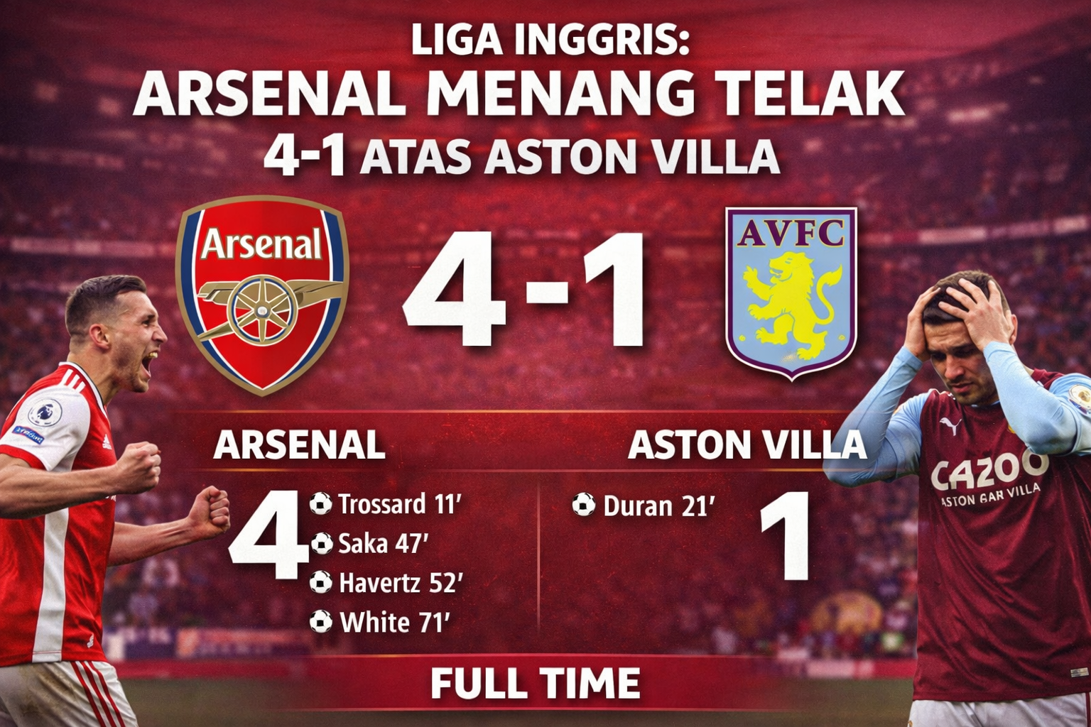 Liga Inggris: Arsenal Menang Telak 4-1 atas Aston Villa