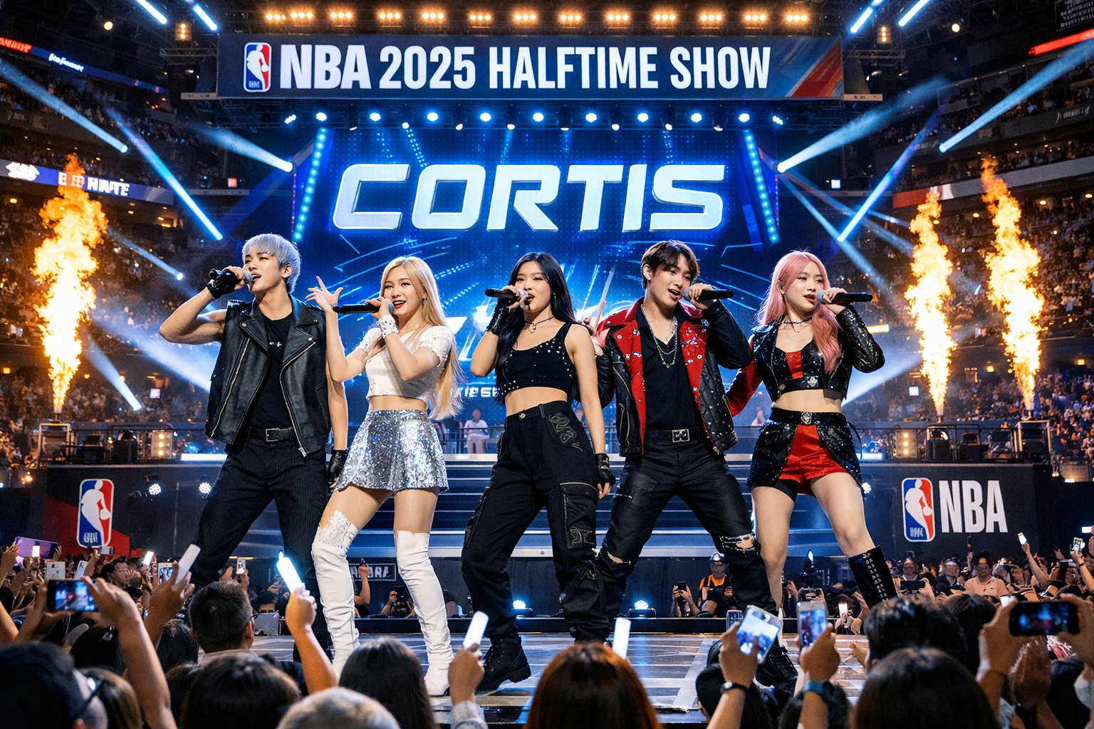 “Grup K-Pop CORTIS GROUP tampil energik di panggung konser NBA 2025 dengan latar stadion penuh penonton. Kelima anggota bernyanyi dan menari di bawah sorotan lampu panggung, efek api, dan layar LED besar bertuliskan ‘CORTIS’ serta ‘NBA 2025 Halftime Show’, menciptakan suasana megah dan spektakuler.”