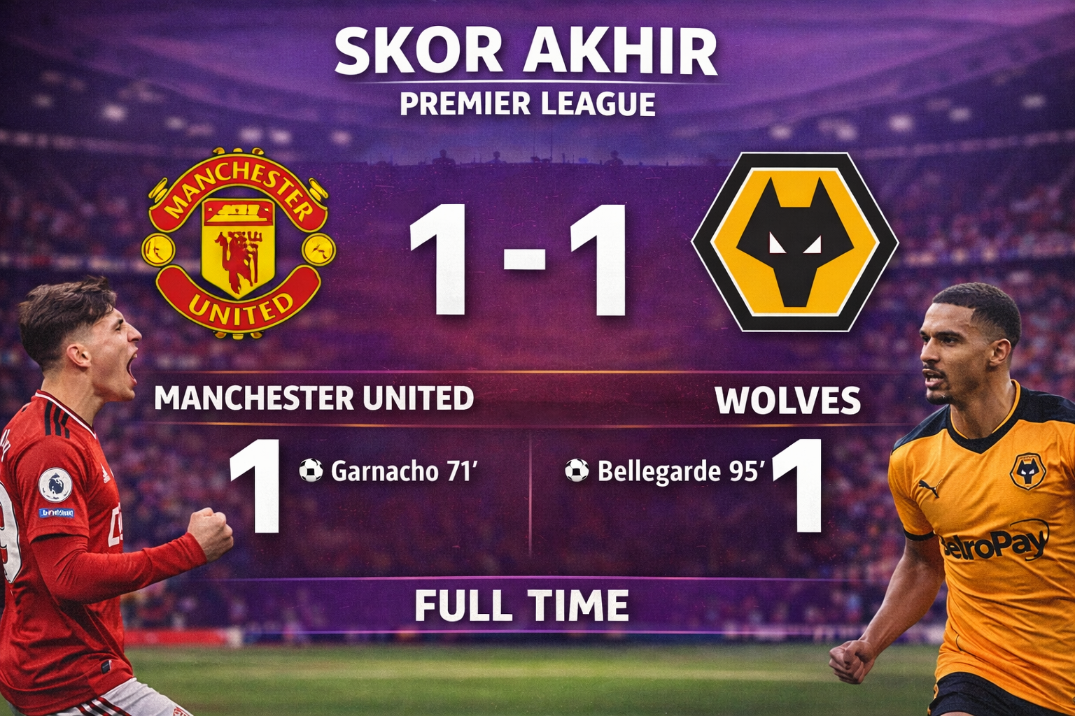 Skor Akhir Premier League MU 1-1 Wolves