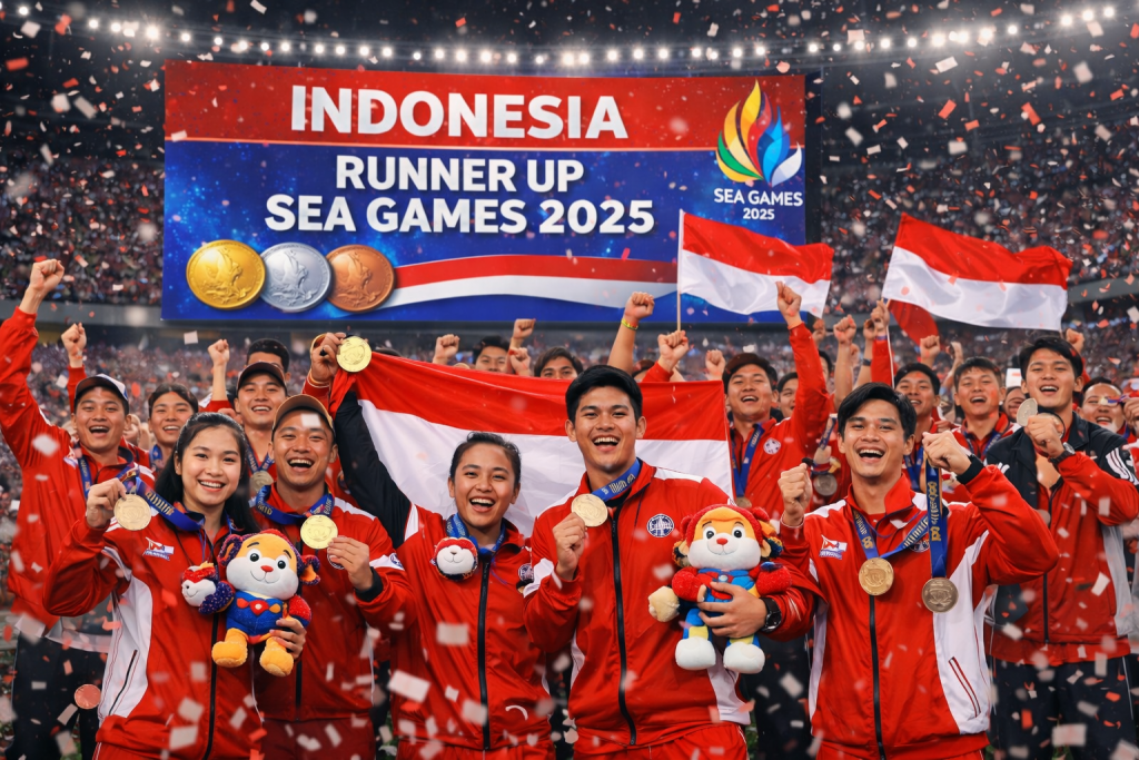 Kontingen Indonesia merayakan keberhasilan menjadi runner up SEA Games 2025 di stadion utama, para atlet mengenakan jaket merah putih sambil mengangkat medali, membawa bendera Indonesia, dan berpose penuh semangat dengan latar papan skor bertuliskan Runner Up SEA Games 2025.