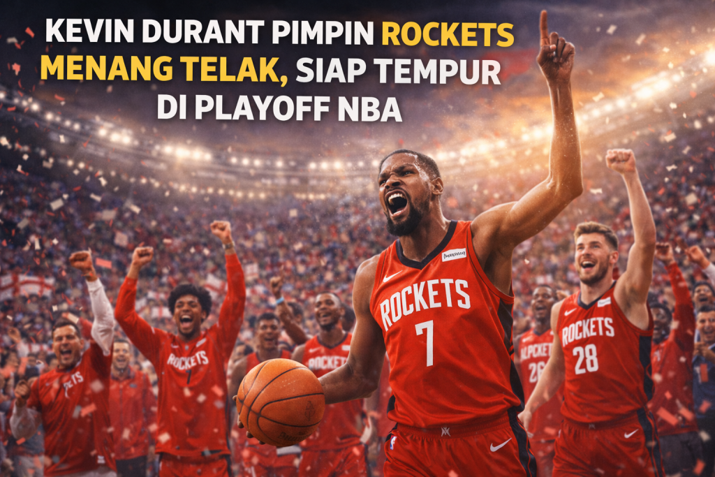 Kevin Durant memimpin Houston Rockets merayakan kemenangan telak di NBA, mengenakan jersey merah nomor 7 dan mengangkat satu tangan dengan ekspresi penuh semangat. Di belakangnya, rekan-rekan satu tim juga merayakan dengan tangan terangkat, sorak-sorai suporter dan confetti merah memenuhi stadion, menekankan momen kemenangan yang penuh energi.