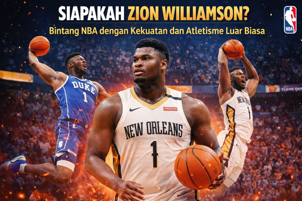 Ilustrasi Zion Williamson sebagai bintang NBA bersama New Orleans Pelicans, menampilkan kekuatan dan atletisme luar biasa dengan aksi dunk spektakuler sejak era Duke hingga NBA.