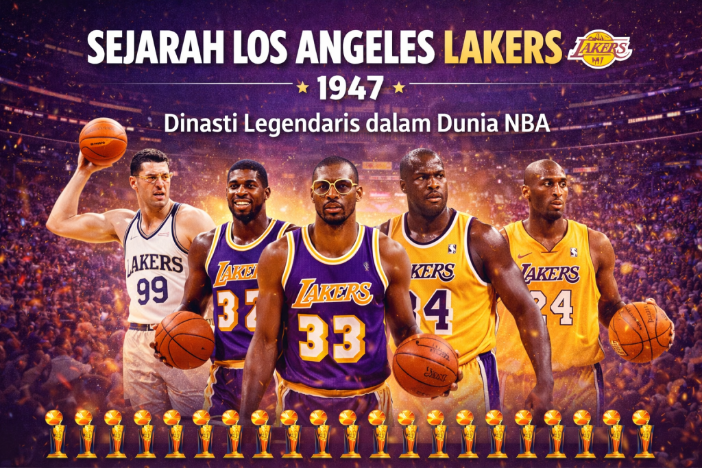 Ilustrasi sejarah Los Angeles Lakers sejak 1947 menampilkan para legenda NBA seperti George Mikan, Magic Johnson, Kareem Abdul-Jabbar, Shaquille O’Neal, dan Kobe Bryant sebagai simbol dinasti legendaris Lakers.
