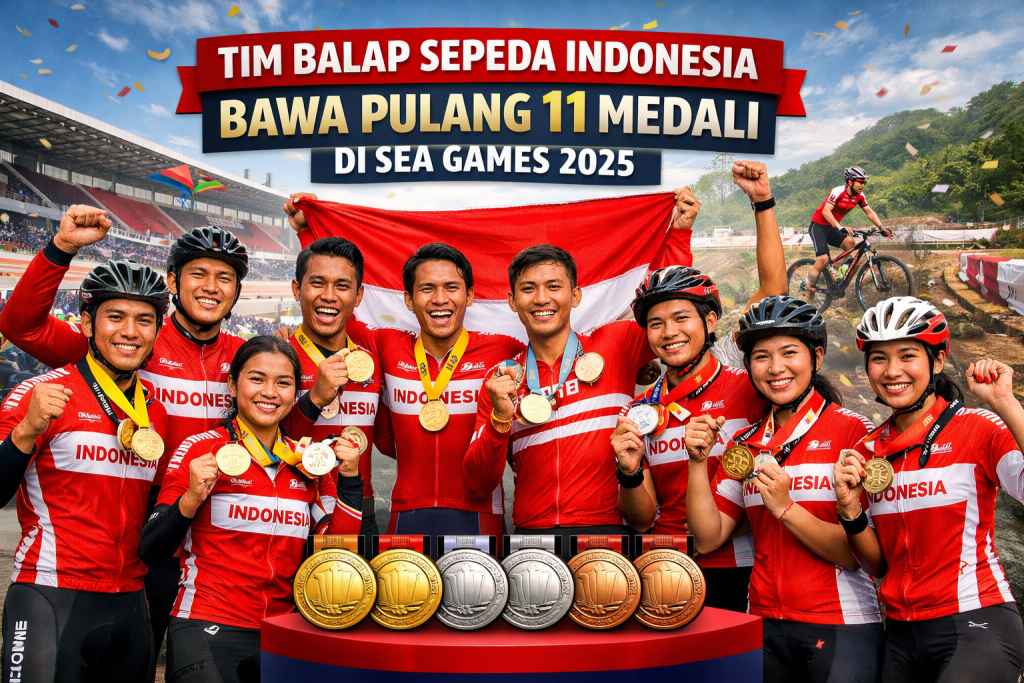 Tim balap sepeda Indonesia merayakan keberhasilan meraih 11 medali di SEA Games 2025 dengan mengangkat medali emas, perak, dan perunggu sambil membawa bendera Merah Putih