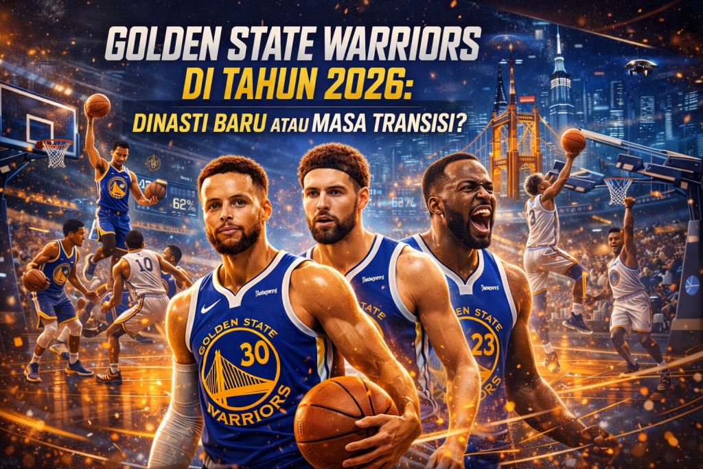 Ilustrasi digital futuristik Golden State Warriors menampilkan Stephen Curry, Klay Thompson, dan Draymond Green di depan latar teknologi canggih bertema tahun 2026, dengan elemen robot pemain basket, angka “2026” bercahaya, drone terbang, dan efek digital biru-emas yang melambangkan masa depan NBA serta kemungkinan dinasti baru Warriors.