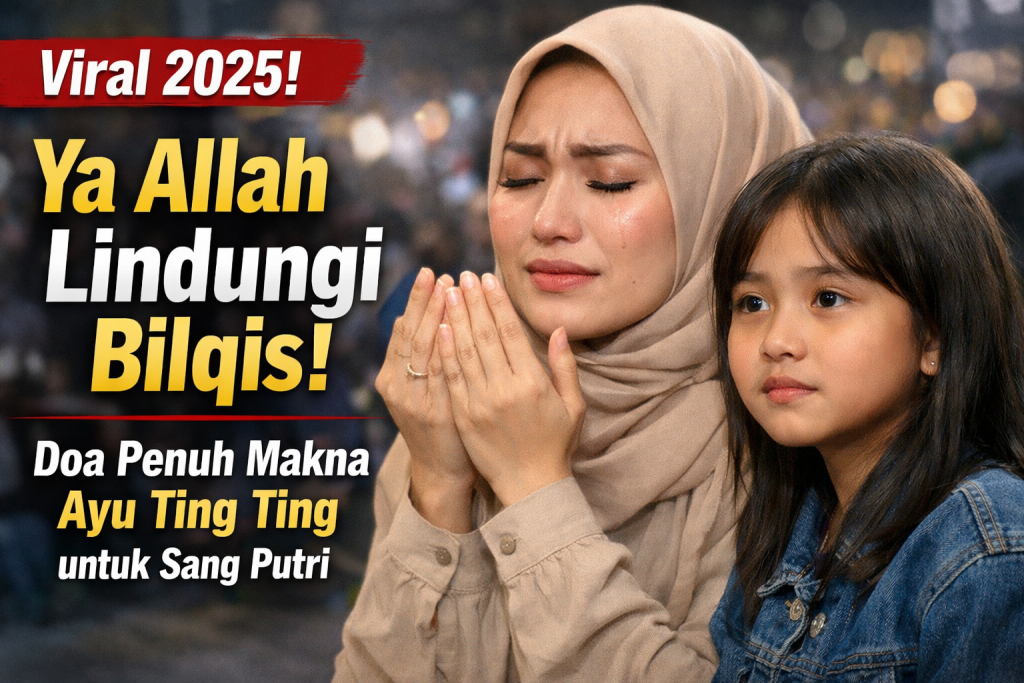 Seorang ibu dan anak perempuan duduk berpelukan di sofa ruang keluarga yang terang. Sang ibu tersenyum hangat sambil memeluk anaknya, sementara anak memegang boneka beruang cokelat. Suasana terlihat hangat, penuh kasih, dengan cahaya alami dari jendela dan dekorasi bunga di latar belakang. Ya Allah Lindungi Bilqis