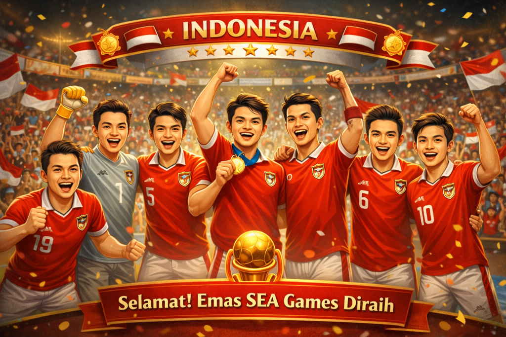 Timnas Futsal Indonesia merayakan kemenangan emas SEA Games dengan mengenakan jersey merah, mengangkat medali emas dan trofi, diiringi konfeti serta latar stadion penuh suporter Merah Putih.