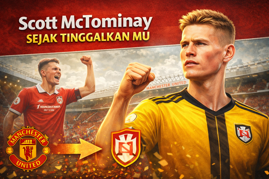Ilustrasi digital Scott McTominay menampilkan dua fase kariernya, saat berseragam Manchester United dan klub barunya, dengan latar stadion sepak bola serta panah transisi yang melambangkan perjalanan McTominay sejak meninggalkan MU.
