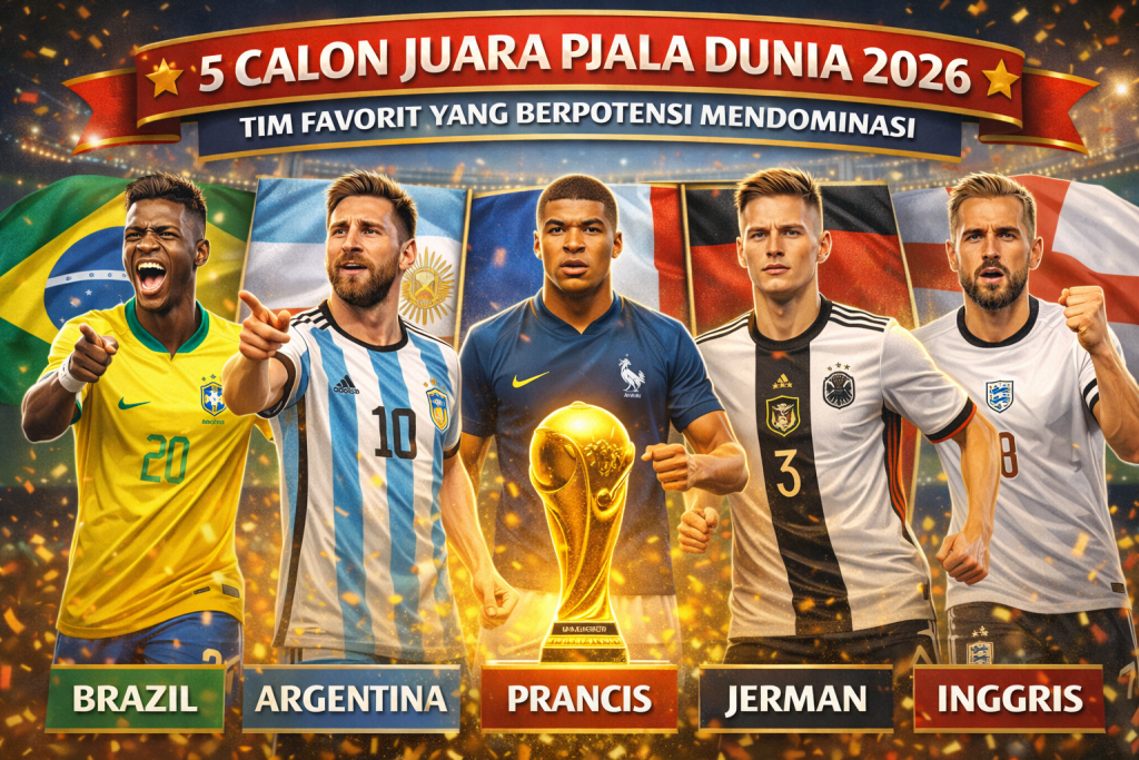 Ilustrasi digital bertema “Calon Juara Piala Dunia 2026” menampilkan lima tim favorit—Brasil, Argentina, Prancis, Inggris, dan Spanyol—dengan pemain bintang masing-masing di depan, berdiri di stadion megah bercahaya. Trofi Piala Dunia terlihat bersinar di tengah latar, menciptakan suasana dramatis dan kompetitif yang menggambarkan potensi dominasi para kandidat juara.