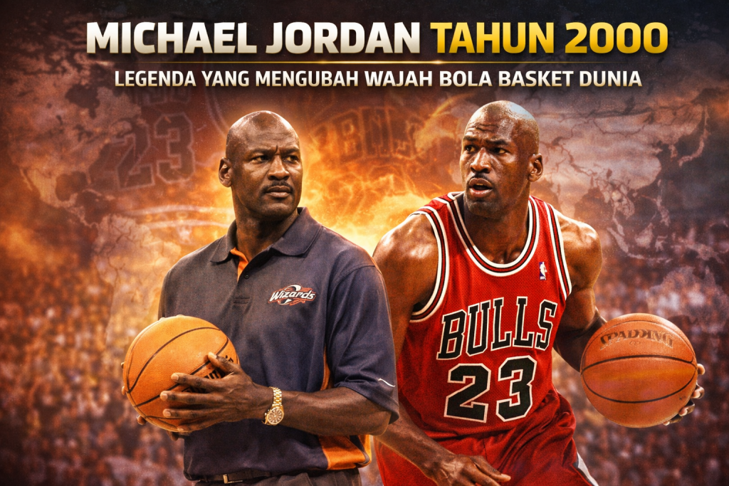 Ilustrasi digital menampilkan Michael Jordan tahun 2000 dalam dua peran berbeda: sebagai eksekutif Washington Wizards mengenakan jas dan berdiri di podium, serta sebagai pemain legendaris Chicago Bulls bernomor 23 yang sedang menggiring bola. Latar arena basket dan efek cahaya dramatis menggambarkan transisi Jordan sebagai legenda yang mengubah wajah bola basket dunia.