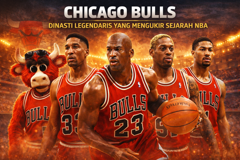 Ilustrasi digital menampilkan Chicago Bulls sebagai tim legendaris NBA dengan judul “CHICAGO BULLS: DINASTI LEGENDARIS YANG MENGUKIR SEJARAH NBA 2025”. Di depan terlihat Michael Jordan, Scottie Pippen, Dennis Rodman, Derrick Rose, dan maskot Benny the Bull, semua mengenakan jersey merah ikonik. Latar belakang menampilkan arena megah dengan lampu sorot, penonton bersorak, dan efek cahaya hangat yang menekankan kejayaan dan warisan sejarah tim.