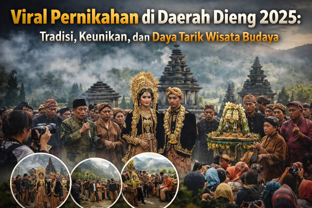 Pasangan pengantin mengenakan busana adat Jawa melaksanakan prosesi pernikahan tradisional di kawasan Dieng tahun 2025, dengan latar candi kuno, kabut pegunungan, serta masyarakat dan wisatawan yang menyaksikan acara budaya yang viral.Pernikahan di Daerah Dieng