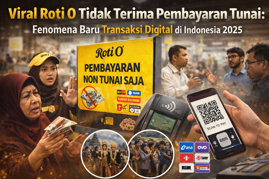 Seorang lansia memegang uang tunai di depan gerai Viral Roti O yang memasang pengumuman pembayaran non-tunai saja, sementara kasir menjelaskan kebijakan tersebut dan simbol QRIS serta dompet digital menyoroti fenomena transaksi digital di Indonesia tahun 2025.