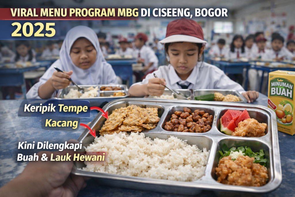 Alt text:
Dua siswa sekolah dasar di Ciseeng, Bogor, sedang menikmati menu Program Makan Bergizi Gratis (MBG) 2025 di ruang makan sekolah, dengan nampan berisi nasi, keripik tempe, kacang, lauk hewani, sayuran, dan potongan buah semangka yang menjadi sorotan publik.