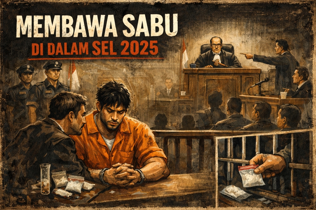 Ilustrasi suasana sidang di ruang pengadilan, menampilkan Ammar Zoni duduk di meja penasihat hukum dengan pengawasan petugas, disertai visual pendukung suasana pemeriksaan perkara.