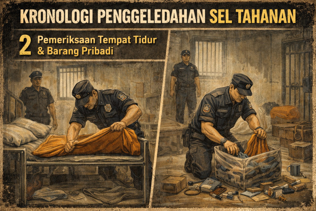 Ilustrasi penggeledahan sel tahanan Ammar Zoni, menampilkan petugas memeriksa tempat tidur dan barang pribadi di dalam sel dengan pengawasan petugas lain.