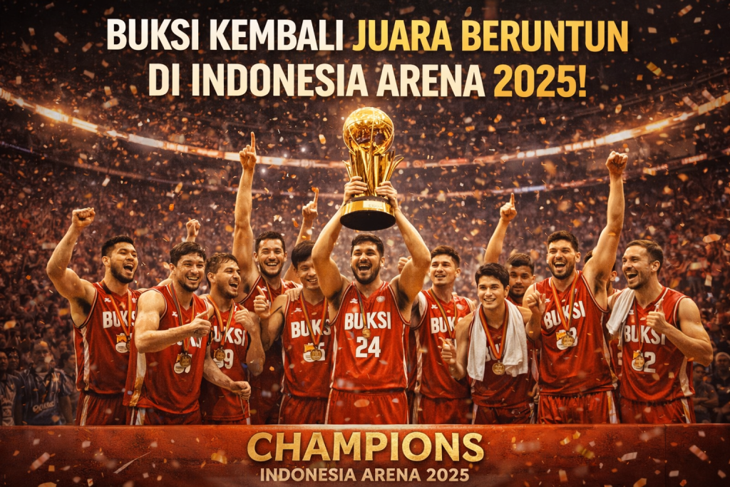 Tim Buksi merayakan gelar juara beruntun 2025 di Indonesia Arena dengan mengangkat trofi, dikelilingi konfeti dan sorak penonton.