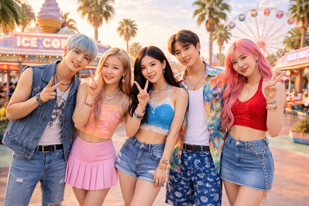 Grup K-Pop CORTIS GROUP berpose santai dan ceria di taman hiburan saat senja. Kelima anggota mengenakan busana kasual warna-warni dengan gaya musim panas, berfoto di depan stan es krim dan bianglala, sambil menunjukkan gestur damai dengan latar suasana cerah dan penuh warna.