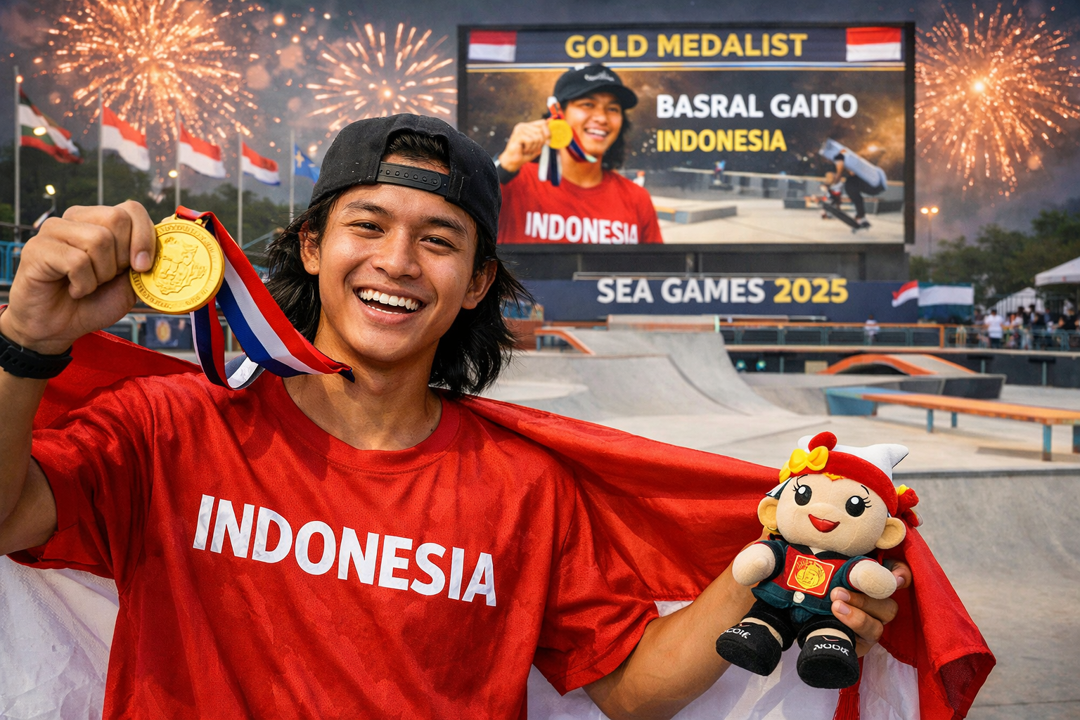 Basral Gaito menunjukkan medali emas SEA Games 2025 di arena skateboard sambil mengenakan kaus merah Indonesia, berlatar kembang api dan papan skor kemenangan.