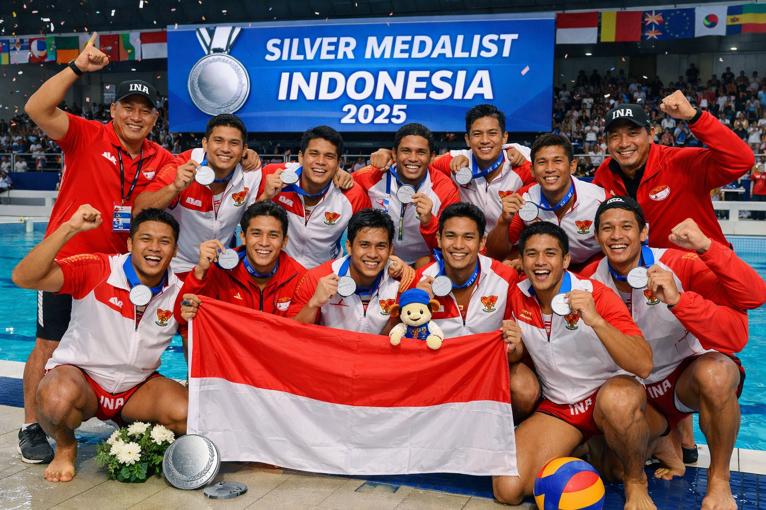 Tim Polo Air Putra Indonesia merayakan keberhasilan meraih medali perak tahun 2025 dengan berpose bersama di tepi kolam, mengenakan seragam merah putih dan mengibarkan bendera Indonesia