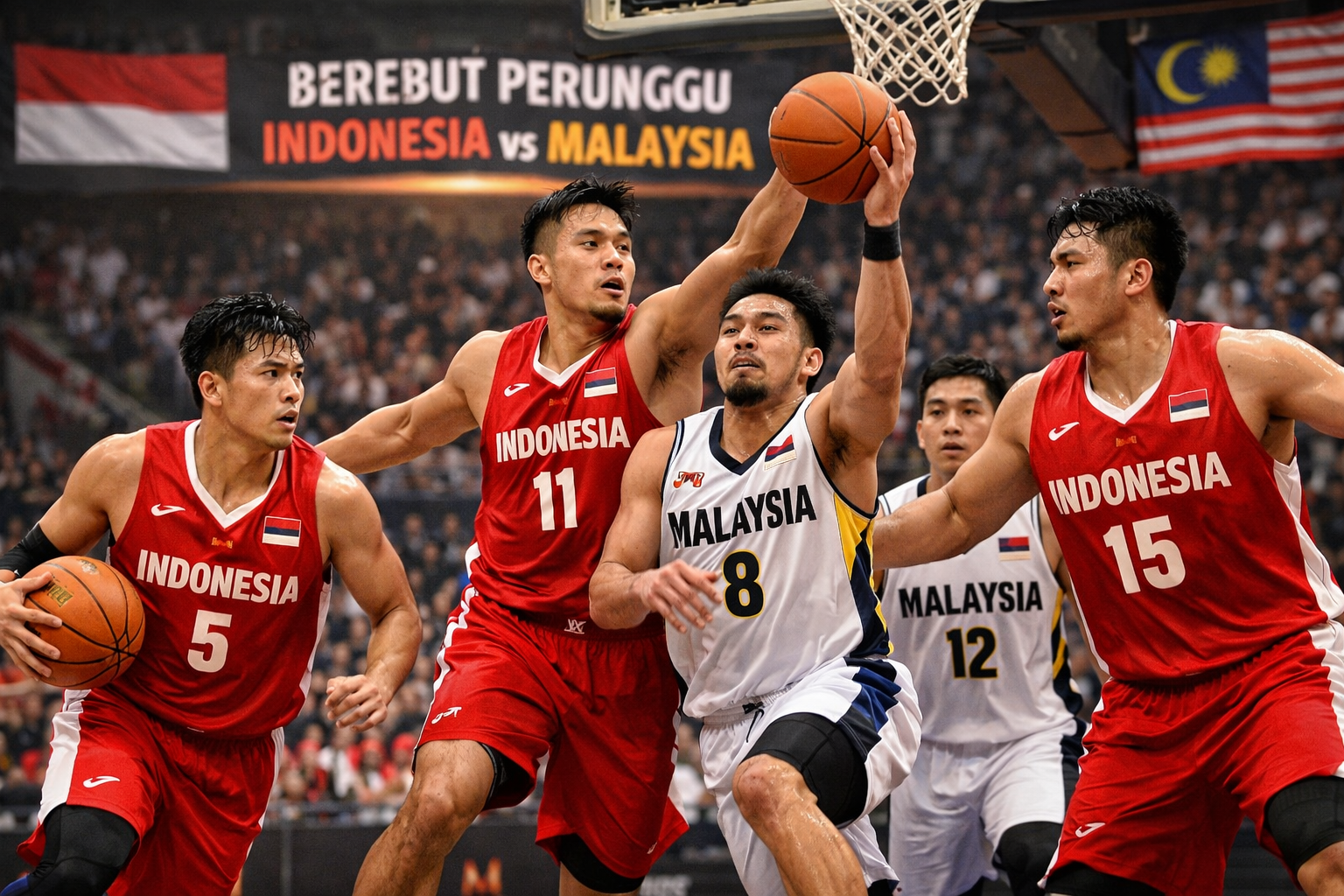 Pemain Timnas Basket Putra Indonesia dan Malaysia bertarung sengit di bawah ring dalam laga perebutan medali perunggu, dengan pemain Indonesia berseragam merah berusaha menghalau serangan pemain Malaysia berseragam putih di tengah suasana arena yang penuh penonton.