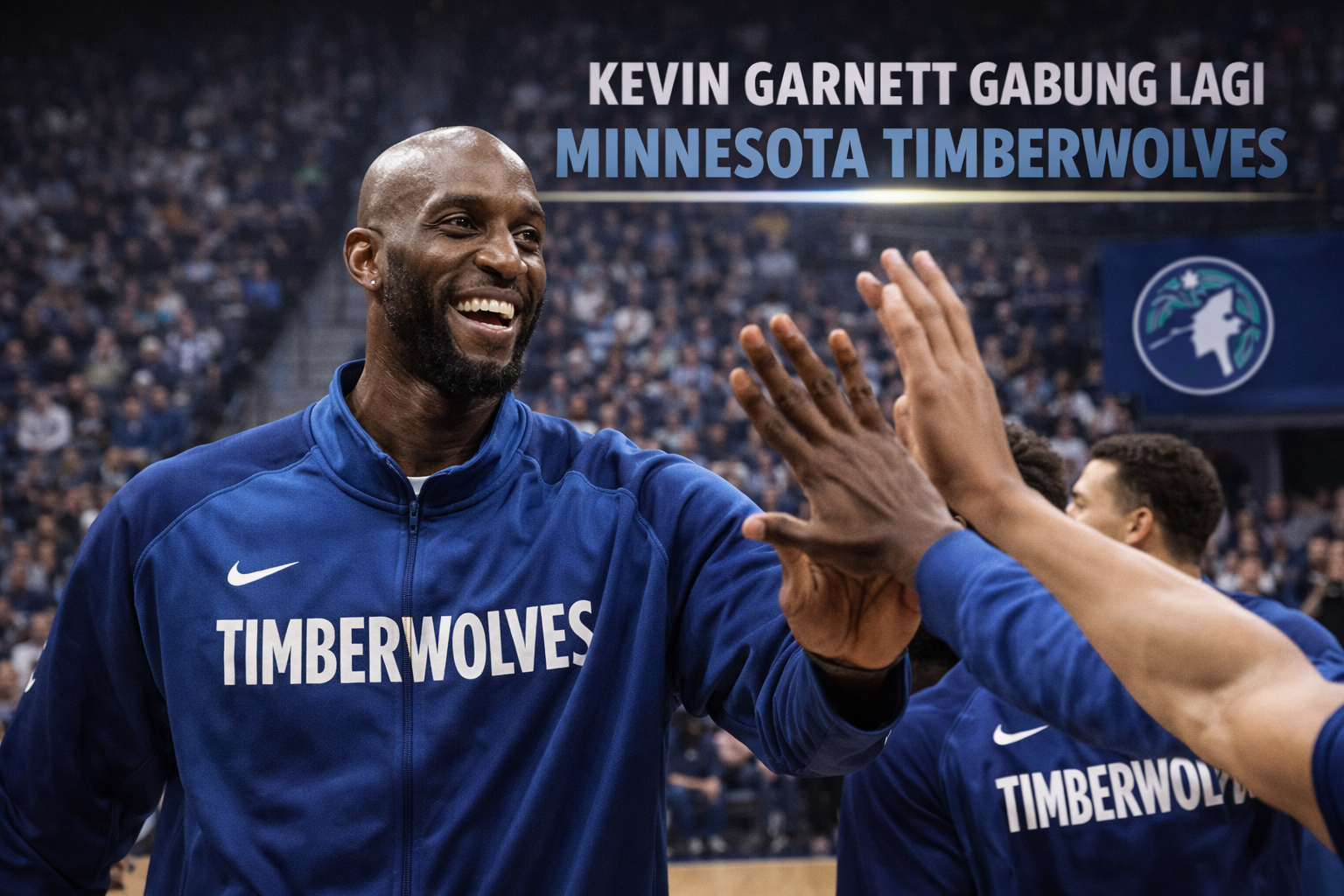 Kevin Garnett tersenyum dan melakukan tos dengan pemain Minnesota Timberwolves di dalam arena pertandingan, menandai kembalinya sang legenda ke organisasi Timberwolves dengan latar penonton dan logo tim.