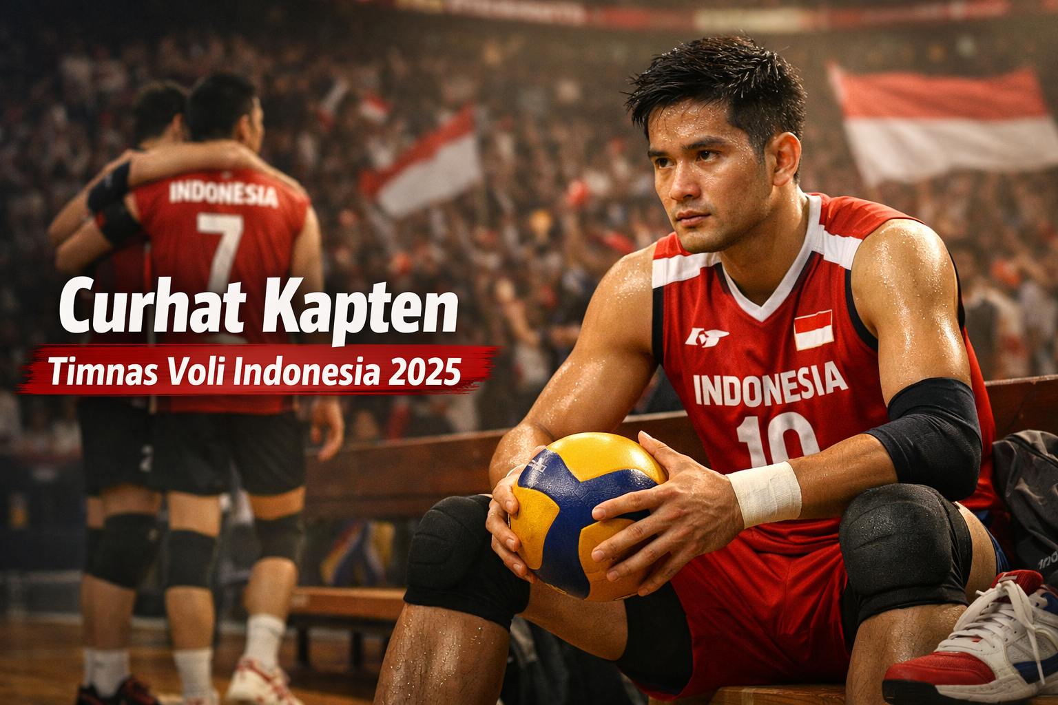 Kapten Timnas Voli Indonesia 2025 duduk di lapangan sambil memegang bola voli dengan ekspresi penuh tekad, mengenakan jersey merah putih berlatar penonton dan bendera Indonesia.