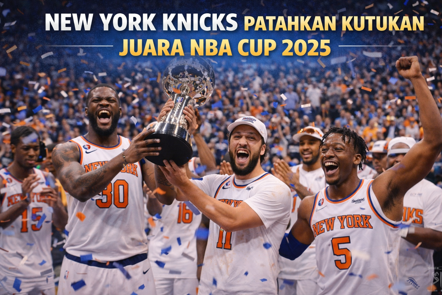 Pemain New York Knicks merayakan gelar NBA Cup 2025 dengan mengangkat trofi, menandai keberhasilan Knicks mematahkan kutukan juara di tengah sorakan penonton.