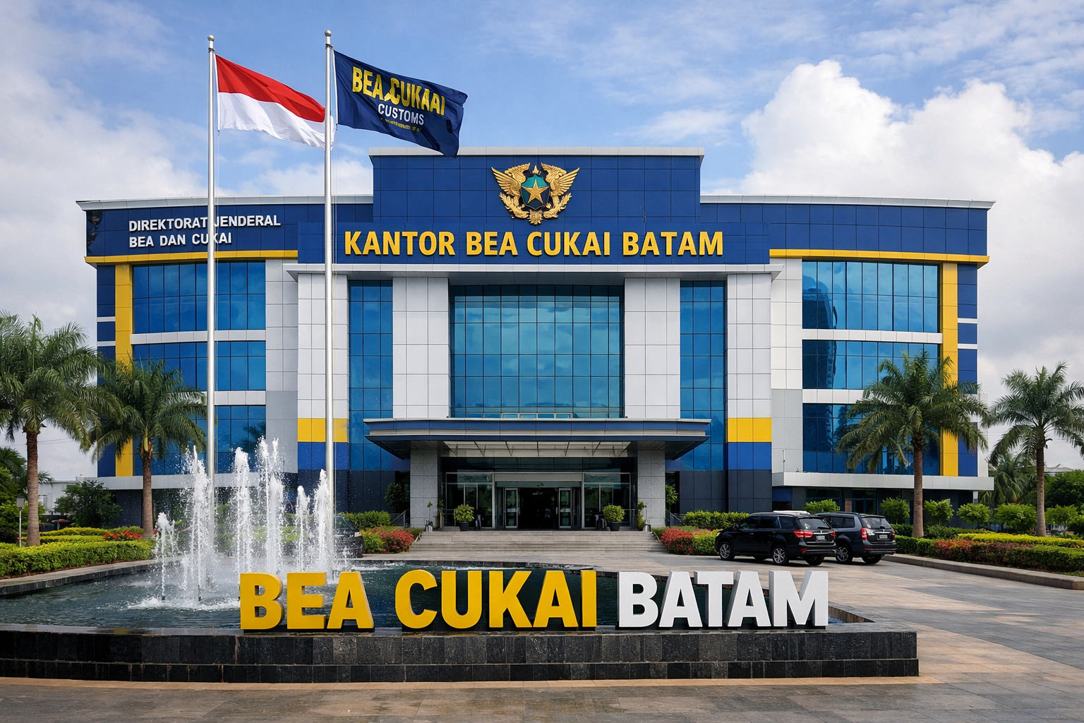Gedung Kantor Bea Cukai Batam tampak depan pada siang hari, berarsitektur modern dengan dominasi warna biru, putih, dan kuning. Di bagian tengah terdapat tulisan besar ‘KANTOR BEA CUKAI BATAM’ dan lambang Direktorat Jenderal Bea dan Cukai. Di halaman depan terlihat kolam air mancur, papan tulisan ‘BEA CUKAI BATAM’, dua tiang bendera Indonesia dan Bea Cukai, serta pepohonan palem di sisi kiri dan kanan