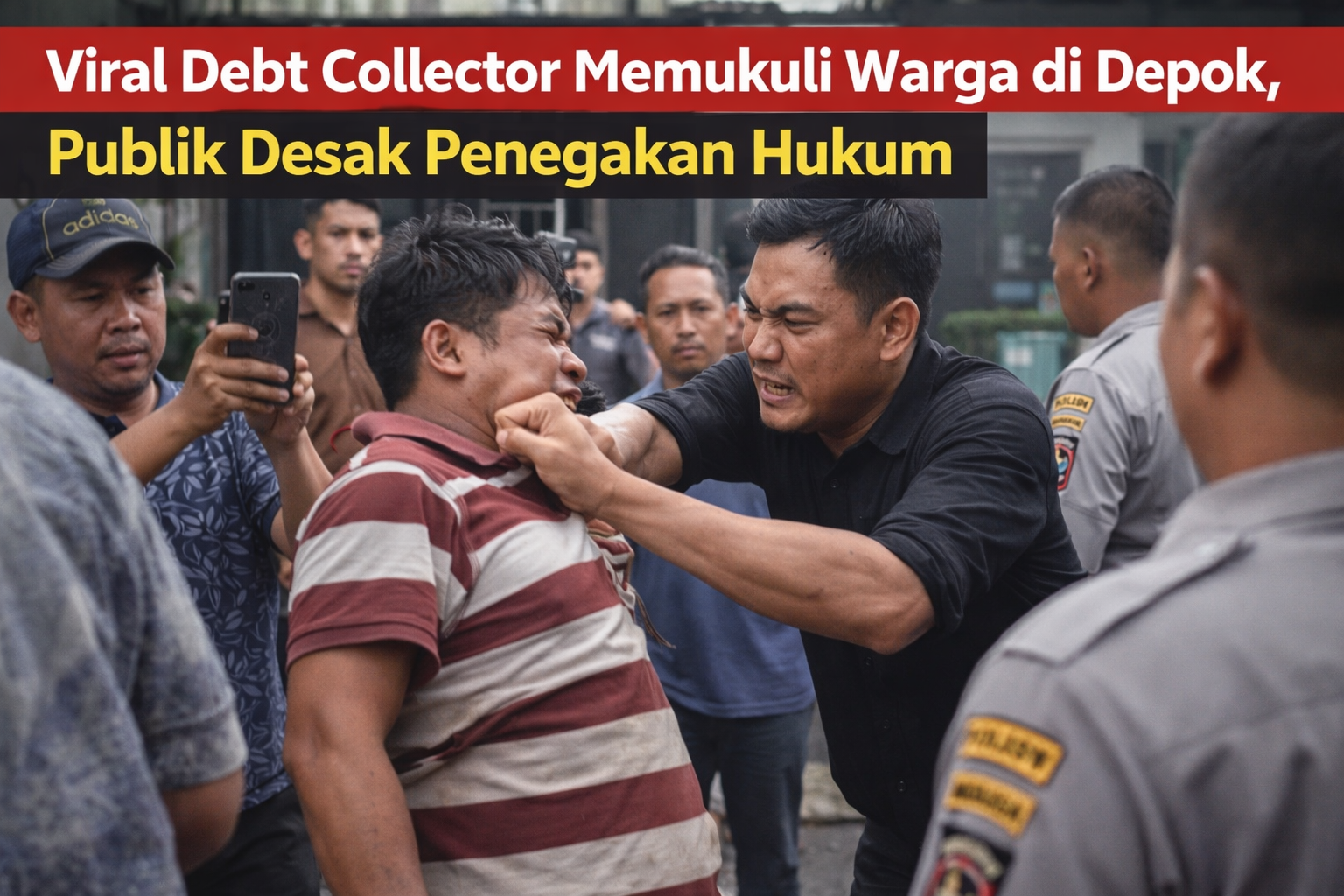 Foto gaya berita digital menunjukkan seorang pria sedang memukul pria lain di depan kerumunan orang. Pria yang memukul tampak marah dengan ekspresi tegang, sementara korban memegang lehernya dengan wajah kesakitan. Beberapa orang di sekitar merekam kejadian dengan ponsel dan terlihat polisi mengamati situasi. Di bagian atas gambar terdapat tulisan besar dengan latar merah dan hitam bertuliskan ‘Viral Debt Collector Memukuli Warga di Depok, Publik Desak Penegakan Hukum