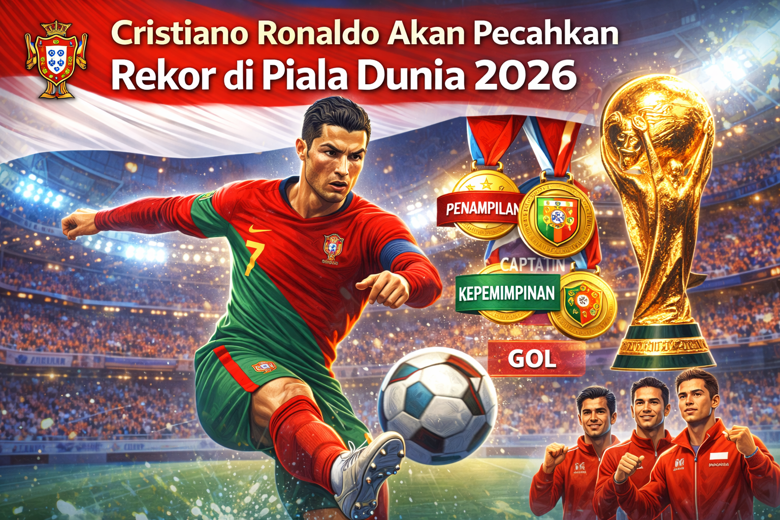 Ilustrasi Cristiano Ronaldo berseragam Portugal di stadion Piala Dunia 2026 dengan trofi Piala Dunia dan simbol rekor gol, penampilan, serta kepemimpinan sebagai ambisi memecahkan rekor.