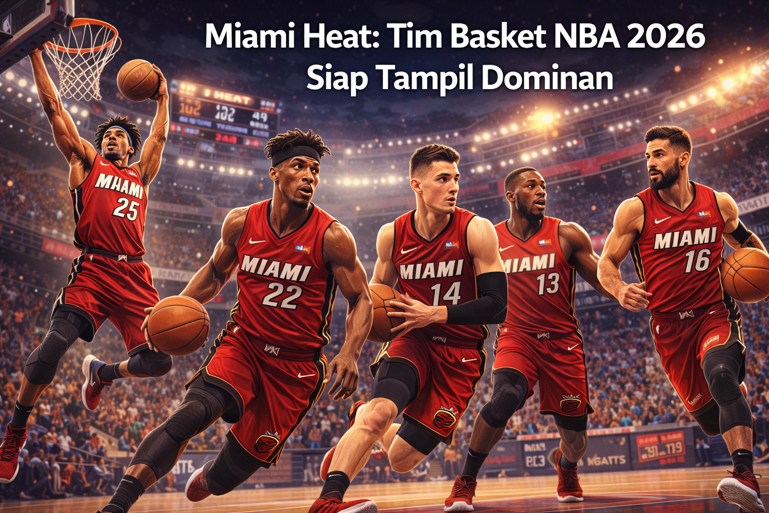 Ilustrasi lima pemain Miami Heat di NBA 2026 beraksi di lapangan basket, mengenakan seragam merah-hitam, melakukan slam dunk, dribble, dan passing di arena penuh penonton dengan sorotan lampu.