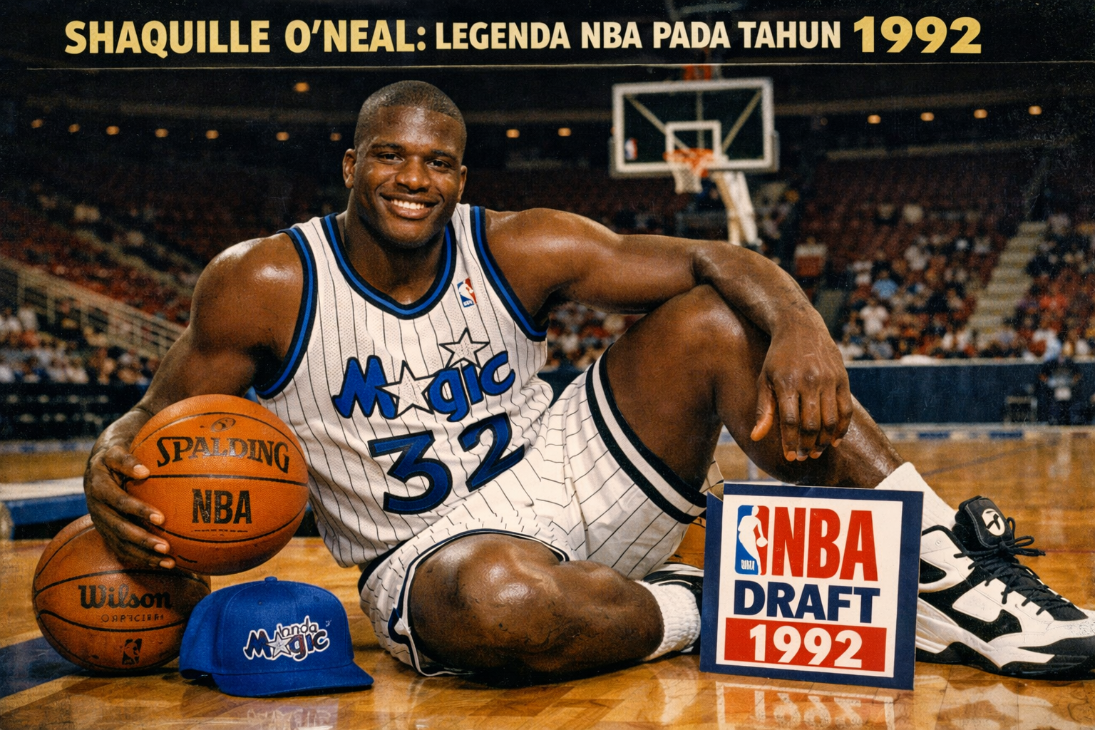 Shaquille ONeal muda, pemain NBA pada tahun 1992, duduk di lantai lapangan basket dengan seragam Orlando Magic nomor 32, tersenyum sambil memegang bola basket, di depan papan bertuliskan 'NBA Draft 1992', dengan topi Magic di lantai dan kerumunan penonton samar di latar belakang