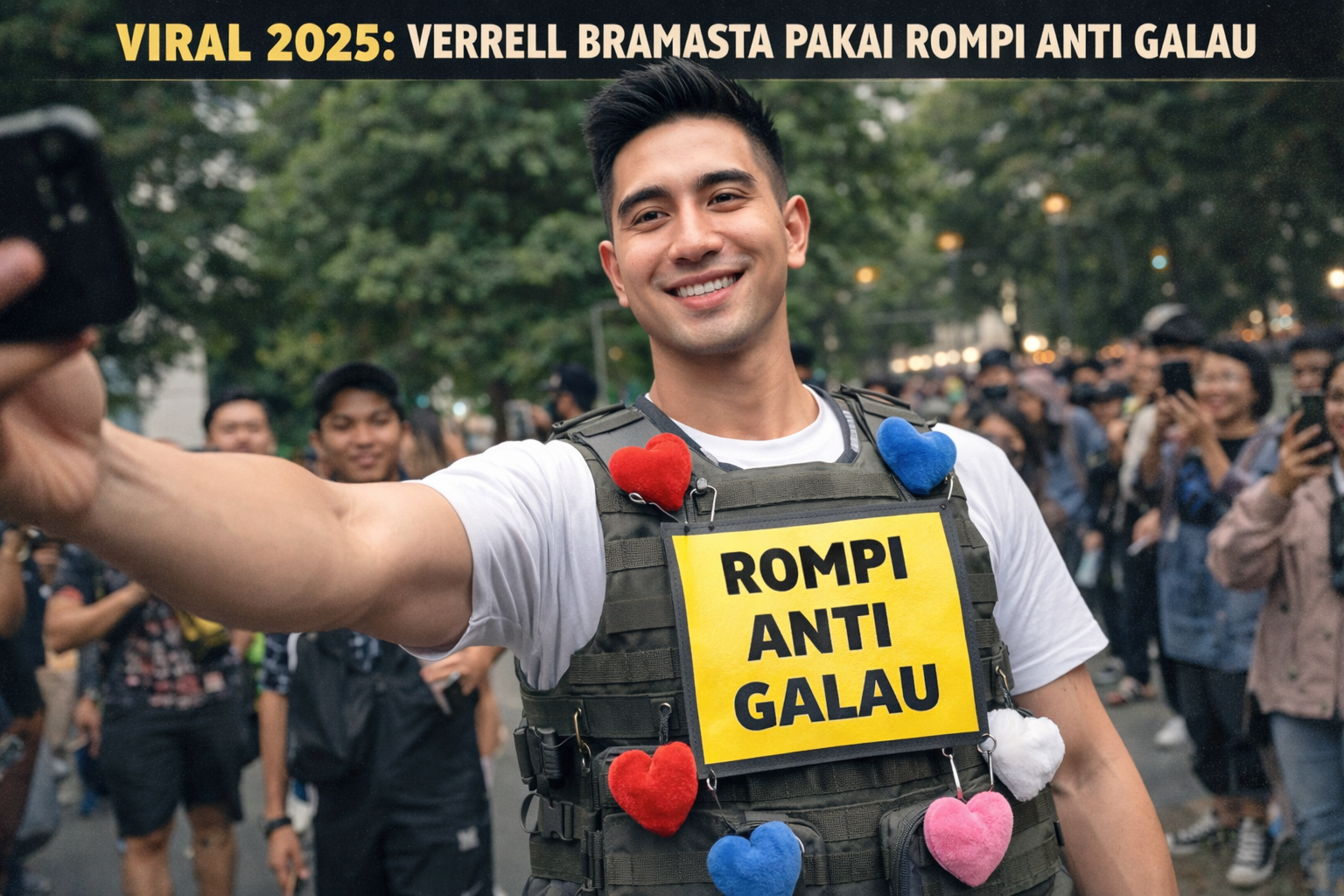 Verrell Bramasta mengenakan Rompi Anti Galau berwarna gelap dengan tulisan kuning besar 'ROMPI ANTI GALAU' di bagian depan, tersenyum sambil selfie di tengah kerumunan penggemar di luar ruangan, dengan hati-hati kecil berwarna-warni menempel pada rompi.