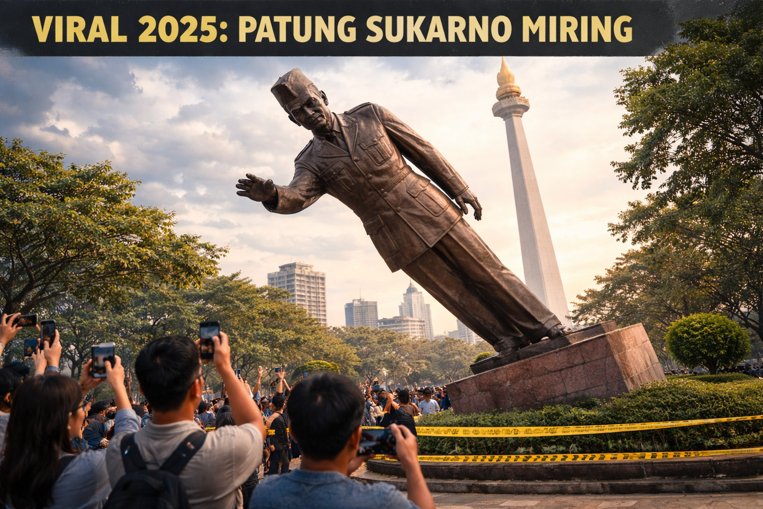 Patung Sukarno yang miring di alun-alun kota Jakarta pada tahun 2025, dikelilingi oleh kerumunan orang yang memotret dan merekam dengan ponsel, dengan Monas terlihat di latar belakang, suasana ramai dan cerah di sore hari.