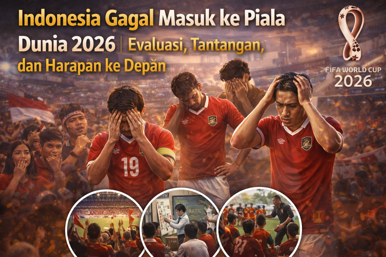 Para pemain Timnas Indonesia mengenakan jersey merah tampak kecewa di stadion setelah gagal lolos ke Piala Dunia 2026, dengan latar suporter yang murung, teks judul evaluasi kegagalan, serta ilustrasi pembinaan dan harapan masa depan sepak bola Indonesia.