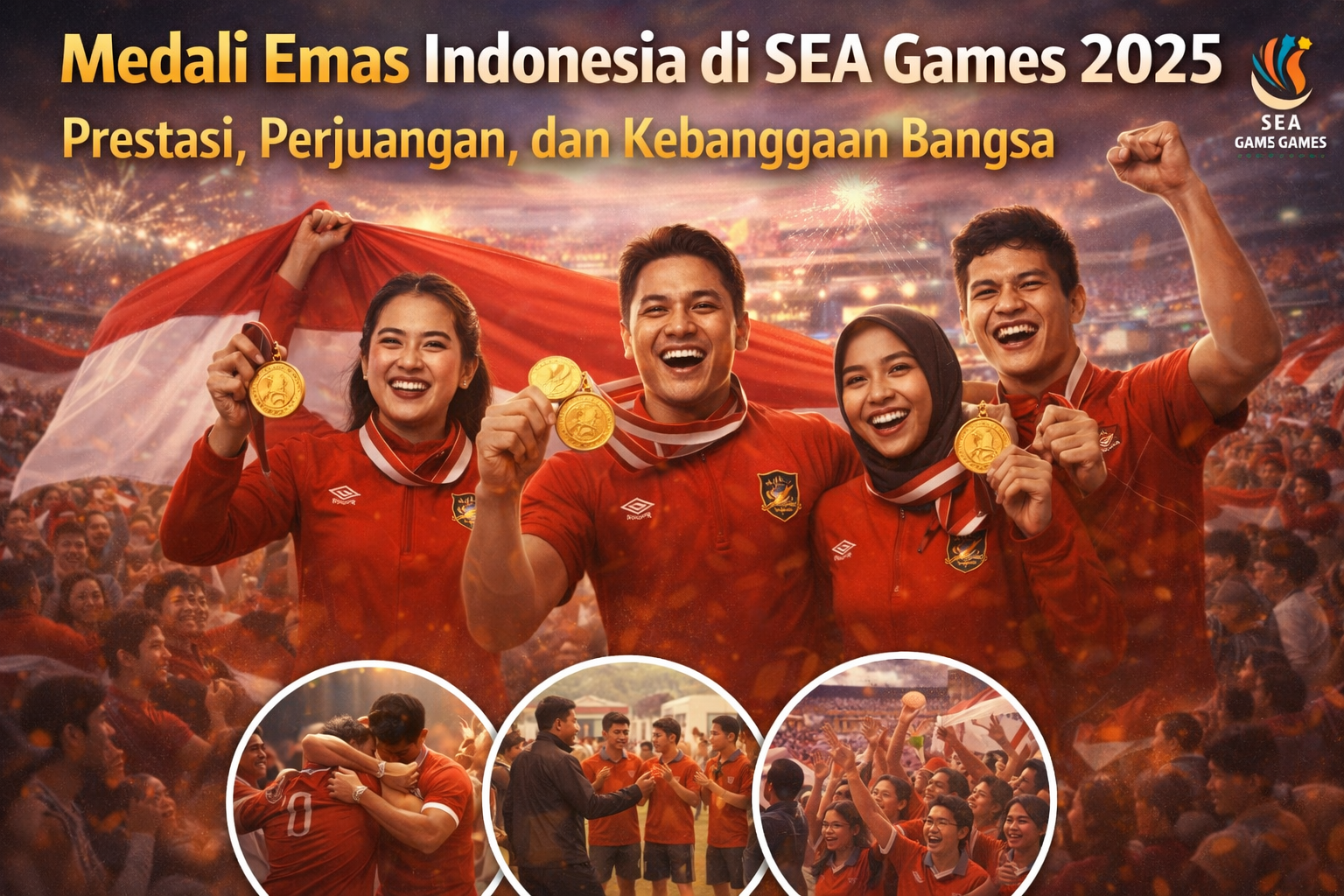 Empat atlet Indonesia mengenakan seragam merah mengangkat medali emas indonesia SEA Games 2025 dengan wajah penuh kegembiraan, berlatar stadion meriah, kibaran bendera Merah Putih, kembang api, serta cuplikan momen perjuangan dan selebrasi yang melambangkan prestasi dan kebanggaan bangsa.