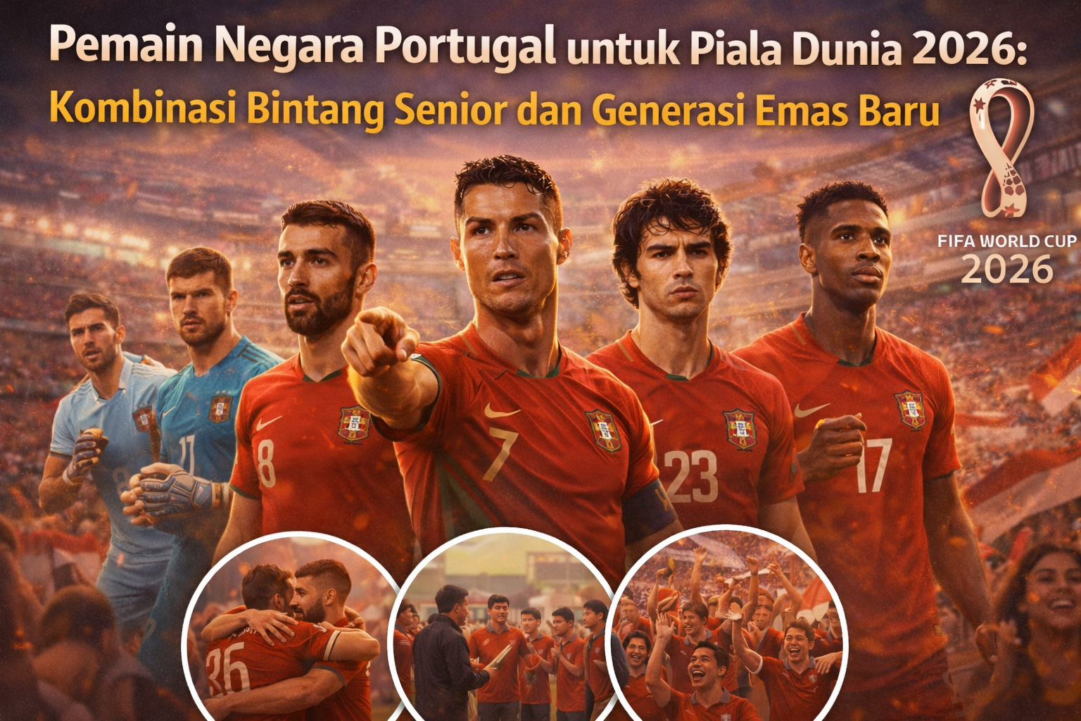 Deretan pemain Portugal mengenakan jersey merah untuk Piala Dunia 2026 dengan Cristiano Ronaldo di posisi depan, didampingi Bruno Fernandes, João Félix, dan Rafael Leão, berlatar stadion penuh cahaya dan logo FIFA World Cup 2026 yang menggambarkan perpaduan bintang senior dan generasi emas baru Portugal.