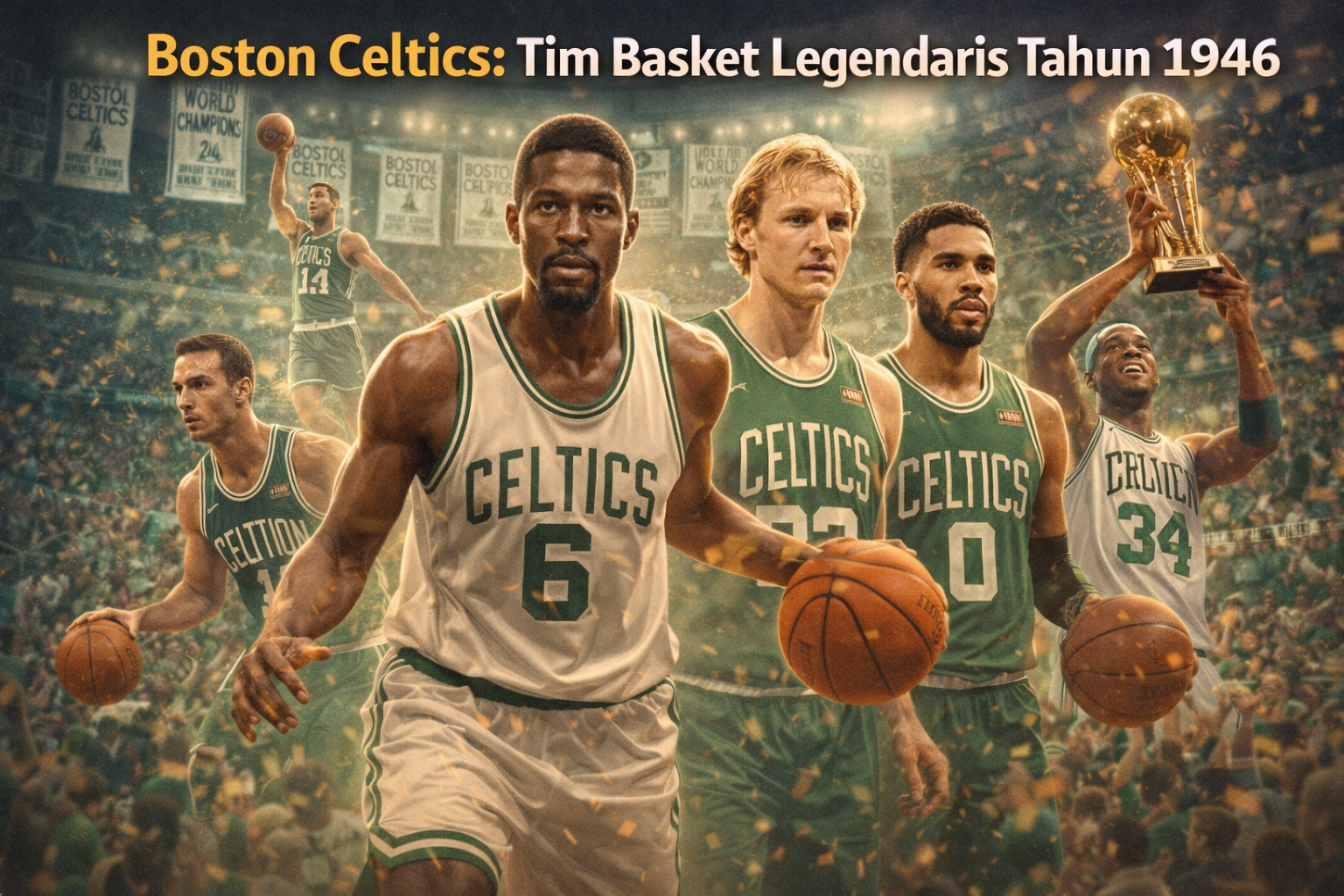 Ilustrasi digital tim Boston Celtics menampilkan para pemain legendaris dari berbagai era sejak berdiri tahun 1946, mengenakan jersey hijau khas Celtics di arena penuh penonton, dengan spanduk gelar juara NBA, bola basket, dan trofi yang melambangkan sejarah panjang, dominasi, dan kejayaan tim basket legendaris Boston Celtics.