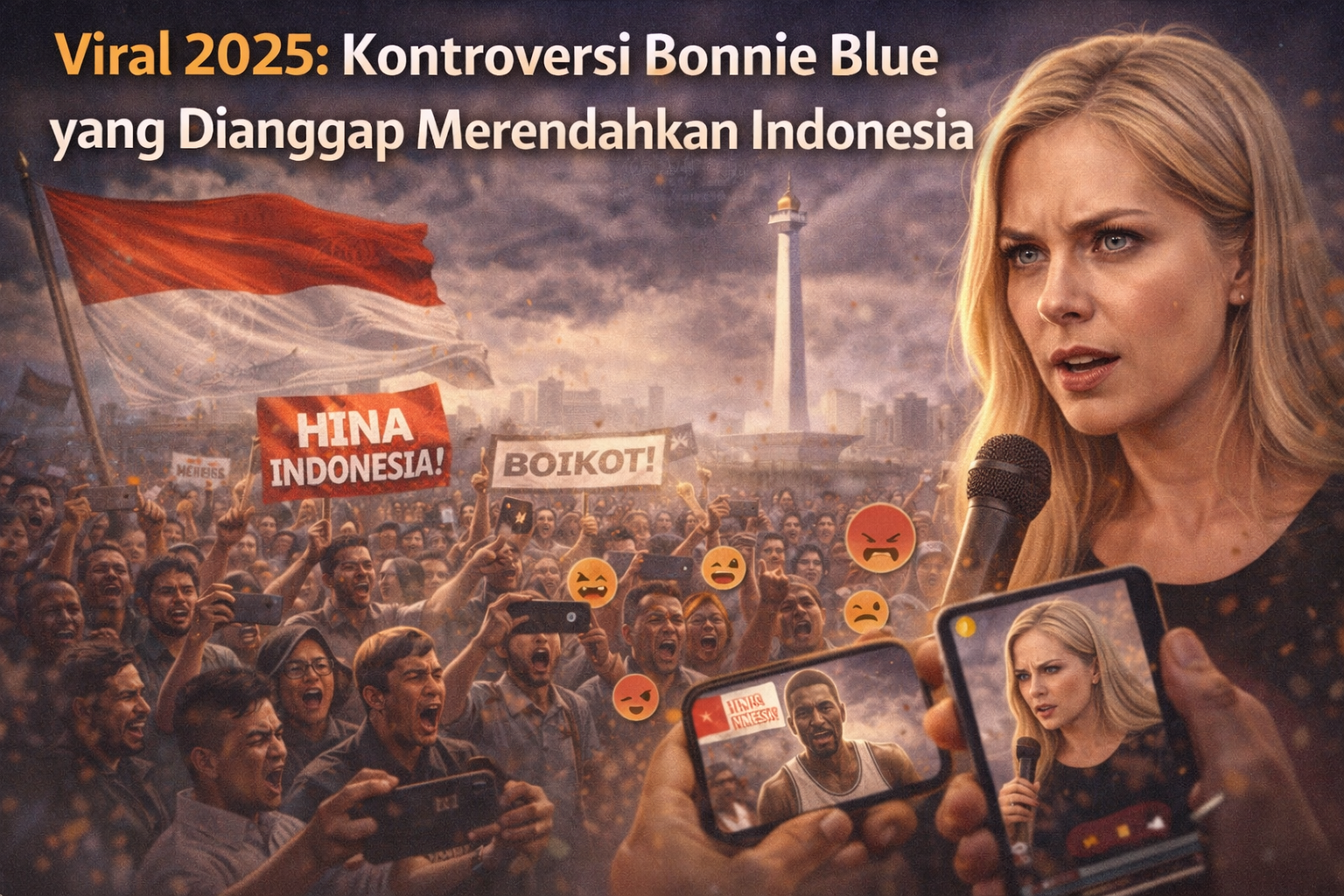 Ilustrasi berita digital menampilkan sosok perempuan berambut pirang yang digambarkan sebagai Bonnie Blue sedang berbicara di depan publik, dengan latar aksi massa membawa bendera Merah Putih dan poster protes, ekspresi kemarahan warganet di media sosial, serta judul kontroversi viral 2025 yang dianggap merendahkan Indonesia.