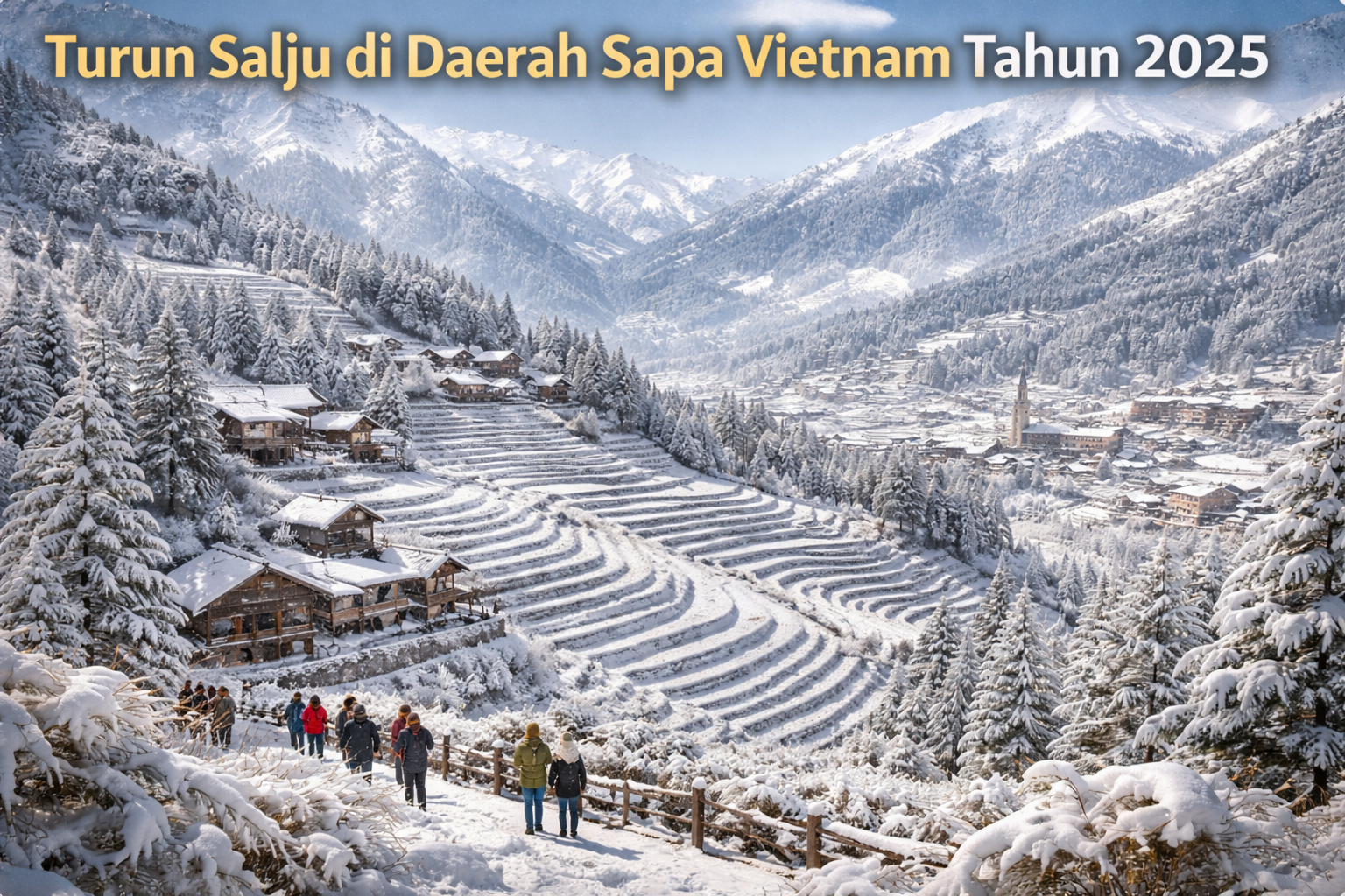 Pemandangan Sapa Vietnam, pada tahun 2025 yang tertutup salju putih, menampilkan sawah terasering, rumah-rumah kayu pegunungan, dan pepohonan pinus bersalju dengan latar pegunungan tinggi, serta wisatawan berjalan menikmati fenomena langka turunnya salju di kawasan Asia Tenggara.