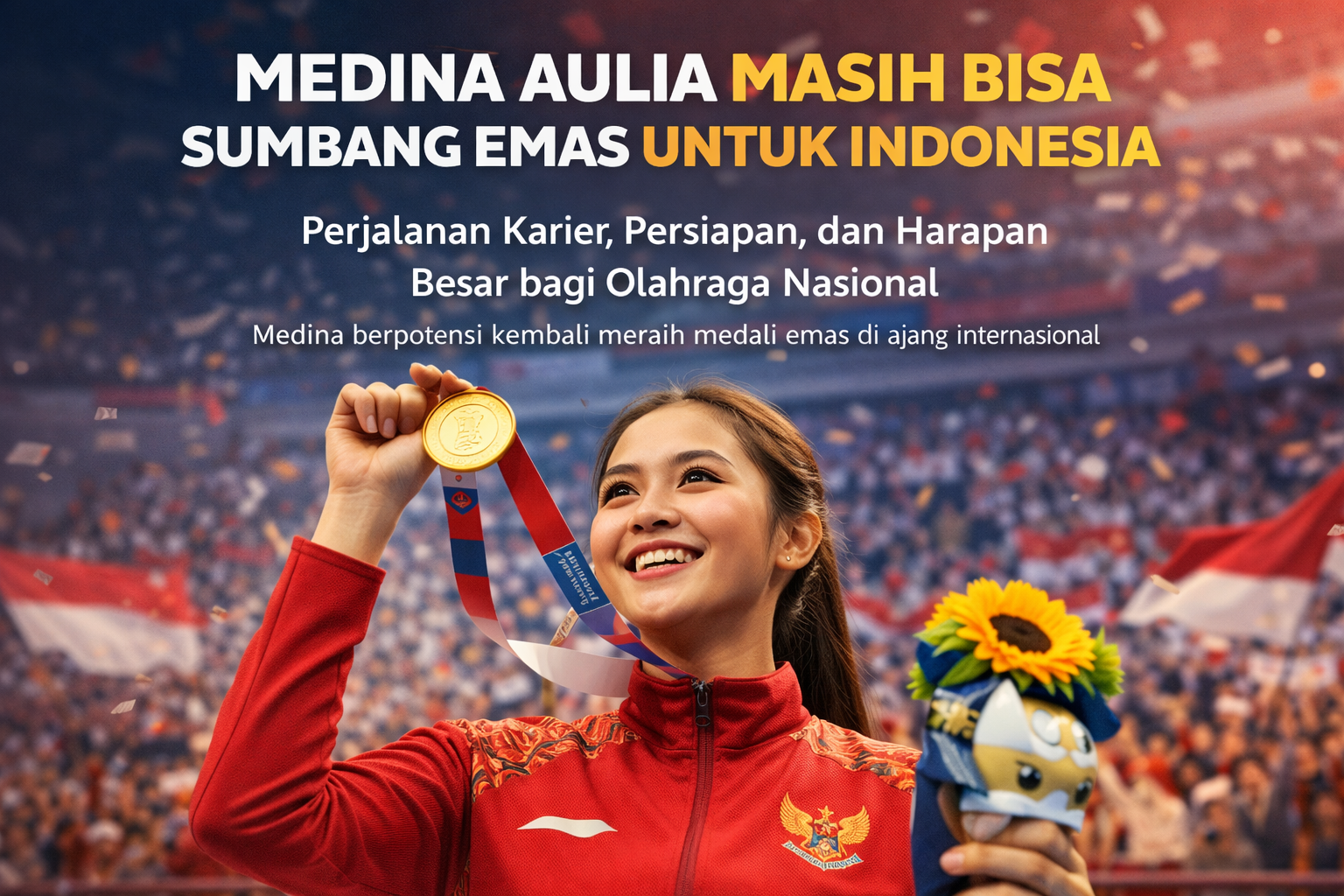 Ilustrasi atlet Indonesia Medina Aulia yang tersenyum sambil mengangkat medali emas di dalam stadion penuh penonton. Ia mengenakan jaket merah dengan lambang Garuda, memegang boneka maskot dengan bunga matahari, dan di latar belakang terlihat bendera Merah Putih berkibar serta konfeti berjatuhan. Teks pada gambar bertuliskan “Medina Aulia Masih Bisa Sumbang Emas untuk Indonesia.”