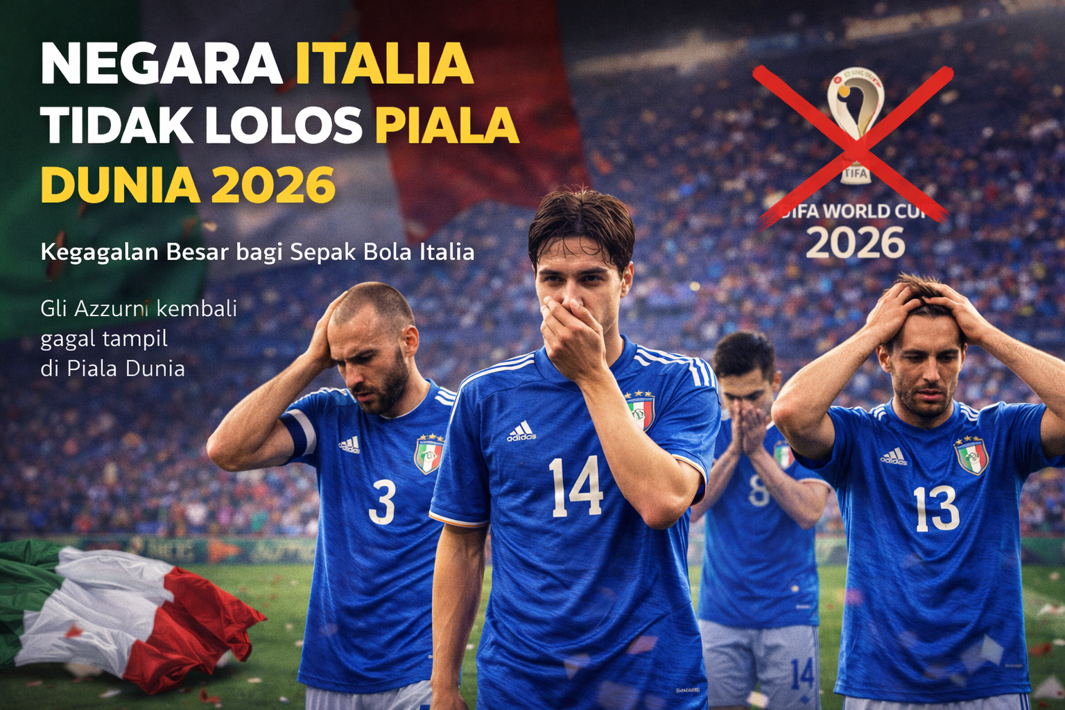 Ilustrasi berita olahraga bertema landscape yang menampilkan kekecewaan pemain timnas Italia setelah gagal lolos ke Piala Dunia 2026. Empat pemain Italia berbaju biru tampak murung dan menunduk di lapangan, dengan latar stadion penuh penonton dan bendera Italia. Di bagian kiri terlihat judul besar “Negara Italia Tidak Lolos Piala Dunia 2026,” sementara di kanan atas terdapat logo Piala Dunia 2026 yang disilang merah sebagai simbol kegagalan. Negara Italia