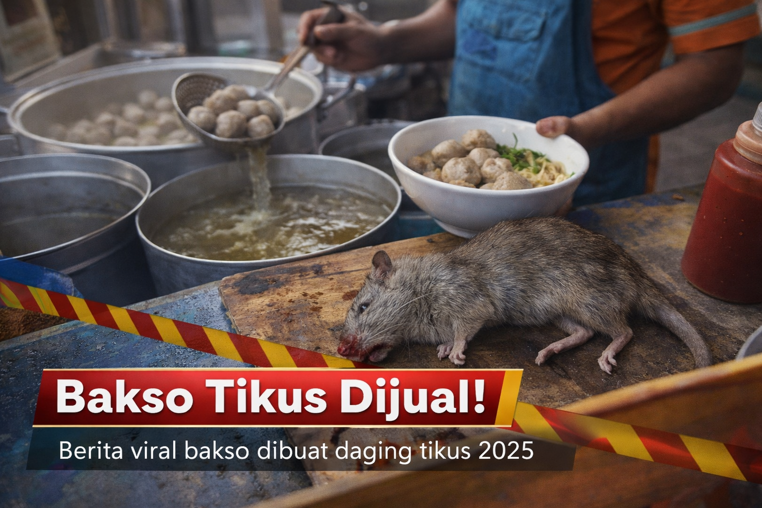 “Ilustrasi berita memperlihatkan pedagang bakso di gerobak kaki lima dengan panci bakso, sementara seekor tikus tergeletak di atas talenan, dilengkapi teks ‘Bakso Tikus Dijual!’ sebagai simbol kasus viral 2025