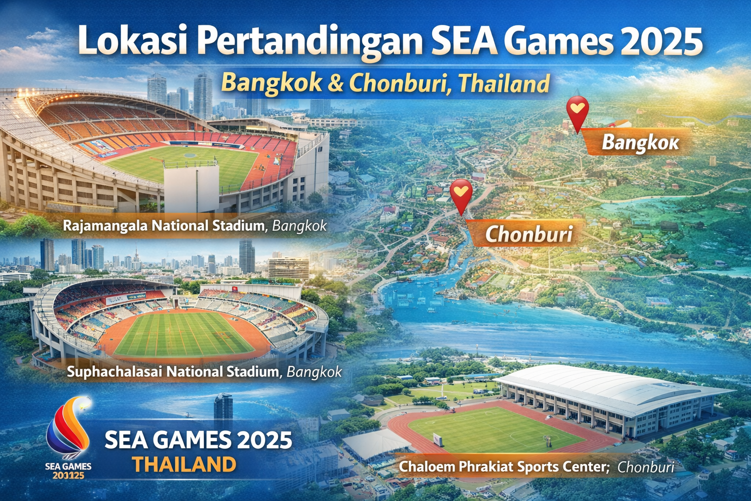 Ilustrasi lokasi pertandingan SEA Games 2025 di Thailand yang menampilkan Bangkok dan Chonburi, dengan Rajamangala National Stadium, Suphachalasai National Stadium, serta Chaloem Phrakiat Sports Center sebagai venue utama.